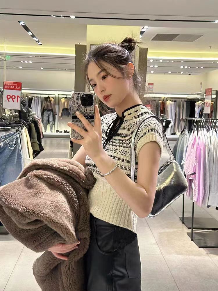 Retro jacquard round neck lace-up short-sleeved sweater for women autumn new versatile casual slim soft waxy pullover sweater