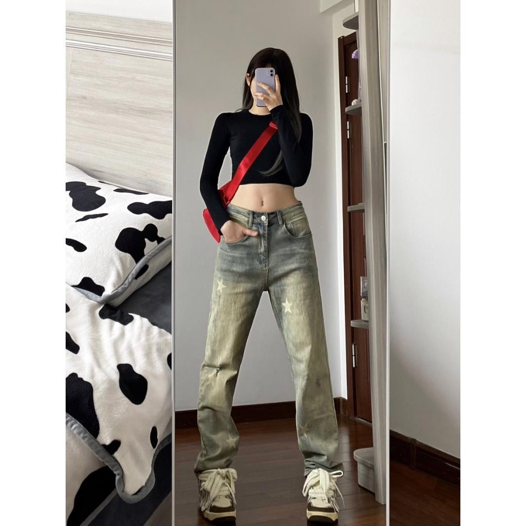 Yellow mud star jeans for women in summer thin American high street hiphop design straight slim long pants