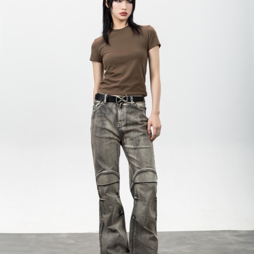 Wasteland style washed distressed pleated micro-flared jeans dirtyfit trousers for men and women