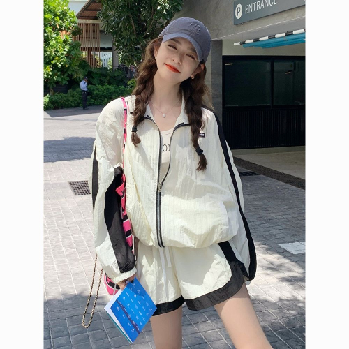 Casual sports style suit for women, summer thin long-sleeved jacket and shorts two-piece set, loose, western style, age-reducing sun protection clothing