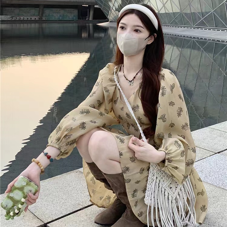 Zippered Korean style super sweet temperament yellow floral dress 2024 spring new retro slim tea break dress
