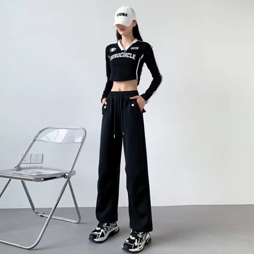 American retro paratrooper overalls women's pants autumn elastic waist drawstring straight casual pants cool trendy high street wide leg pants