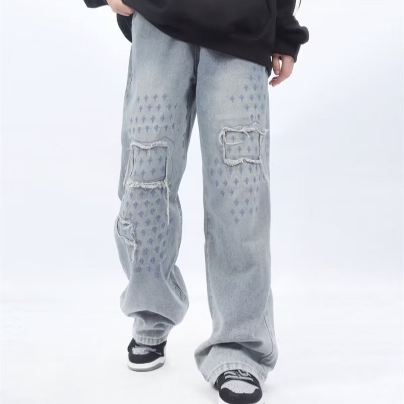 American retro washed drapey straight-leg jeans, loose, trendy and versatile, light blue wide-legged ins pants, wear-resistant