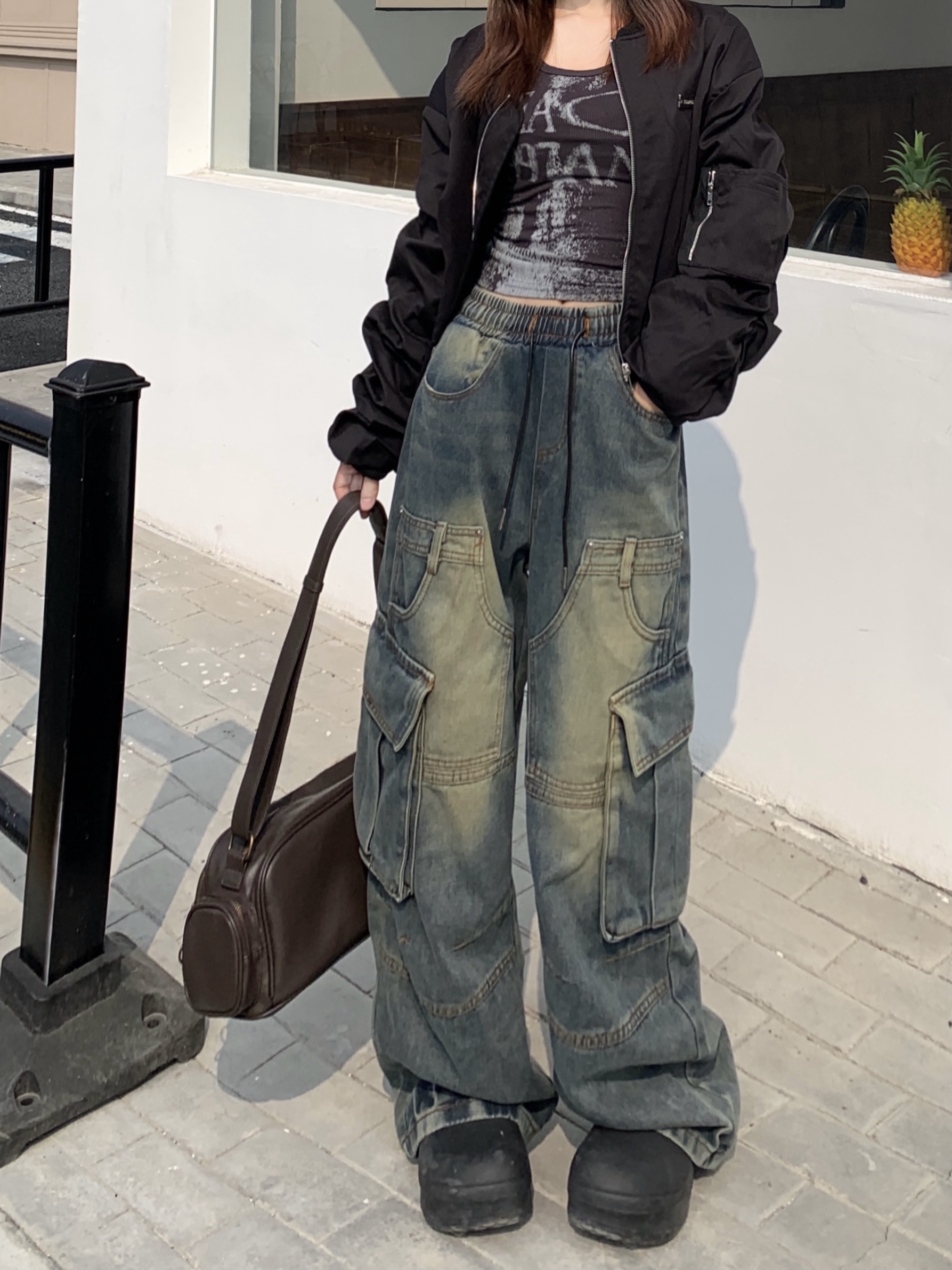 Real shot!  !  !  Straight-leg jeans for women, American trendy brand, retro heavyweight, multi-pocket high street workwear