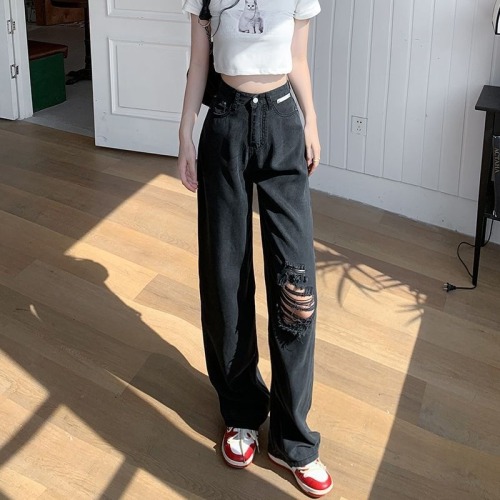 Ripped Tencel wide leg jeans for women summer thin 2024 new high waisted slimming loose straight ice silk pants