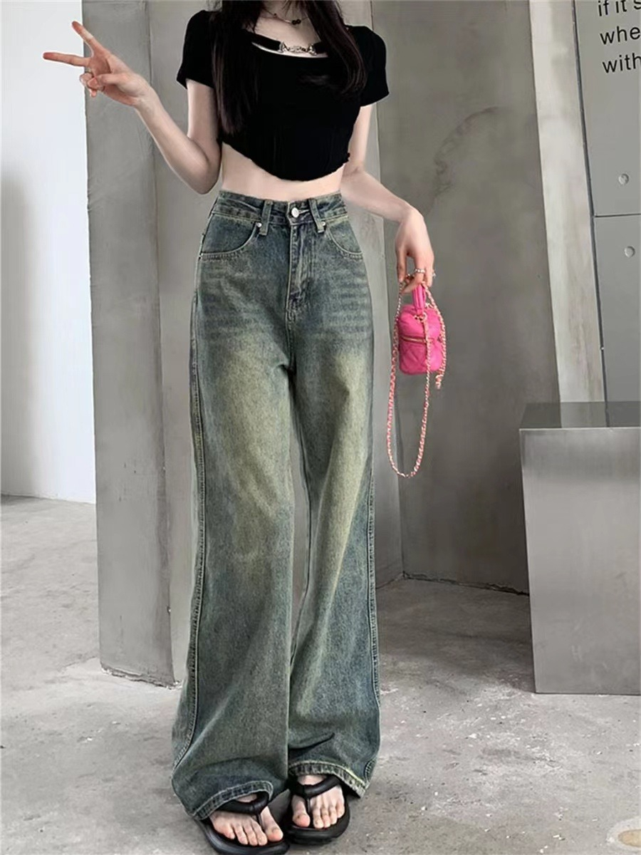 American Retro Straight Jeans for Women Spring Thin Style Little Hot Girls Old Washed Floor-Mopping High Waisted Wide Leg Pants