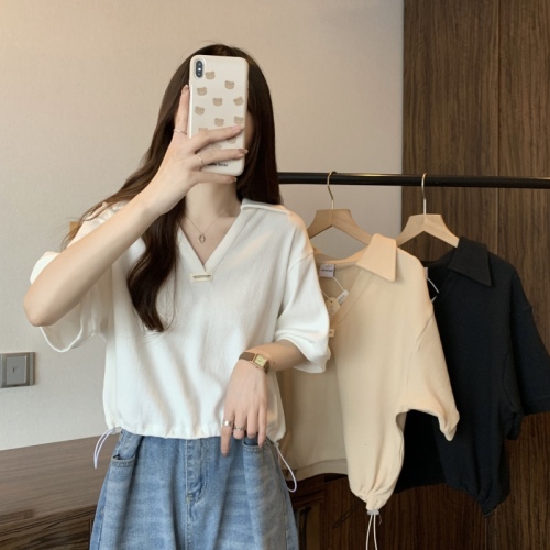 Actual shot of short-sleeved T-shirt women's new summer fat mm cover belly hidden meat Polo shirt v-neck niche hem drawstring top