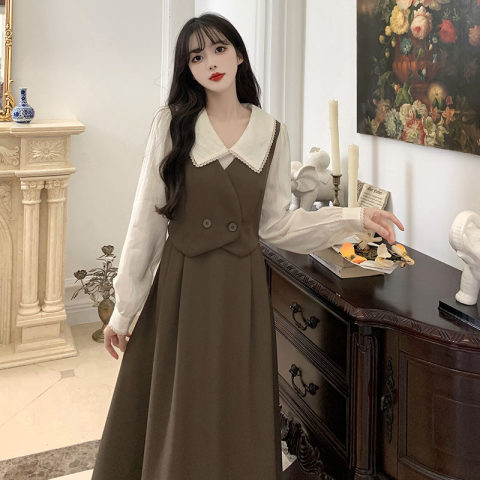 Large size French doll collar fake two-piece long-sleeved dress for women, autumn design skirt for fat mm to cover belly and look slim