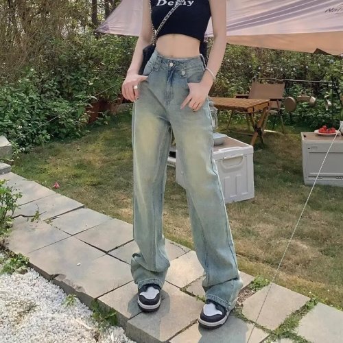 High-waisted wide-leg jeans for women 2024 new American retro loose straight-leg tall floor-length mopping pants for autumn