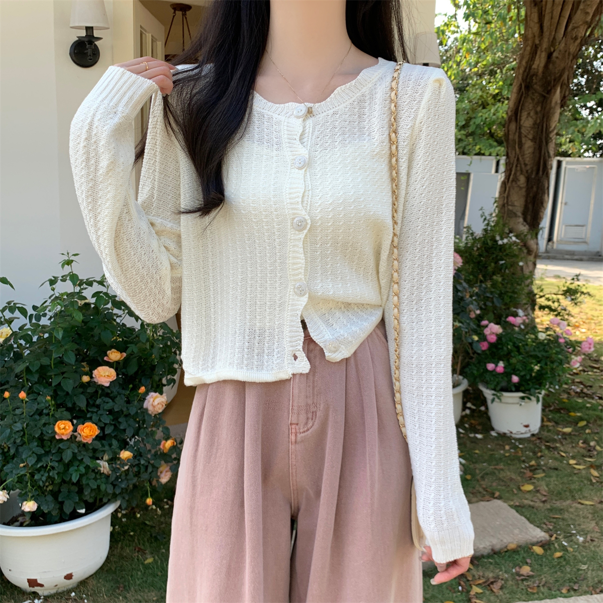 Real shot 2024 spring new versatile solid color lace button cardigan long sleeved knitted sweater jacket women's top