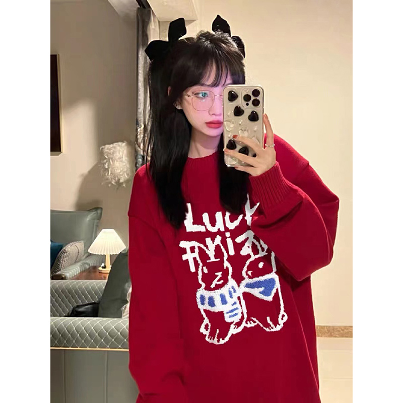 聖誕新年兔子衣服紅色毛衣女情侶裝新款秋冬針織衫慵懶風百搭上衣