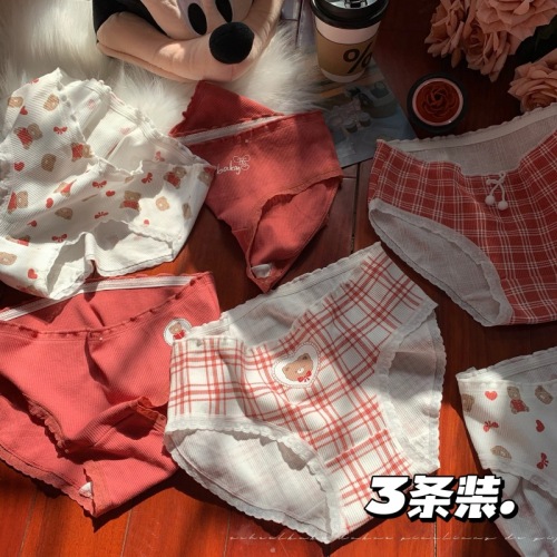 Real shot New Year red hot girl cute plaid bear print underwear women's autumn and winter triangle pants