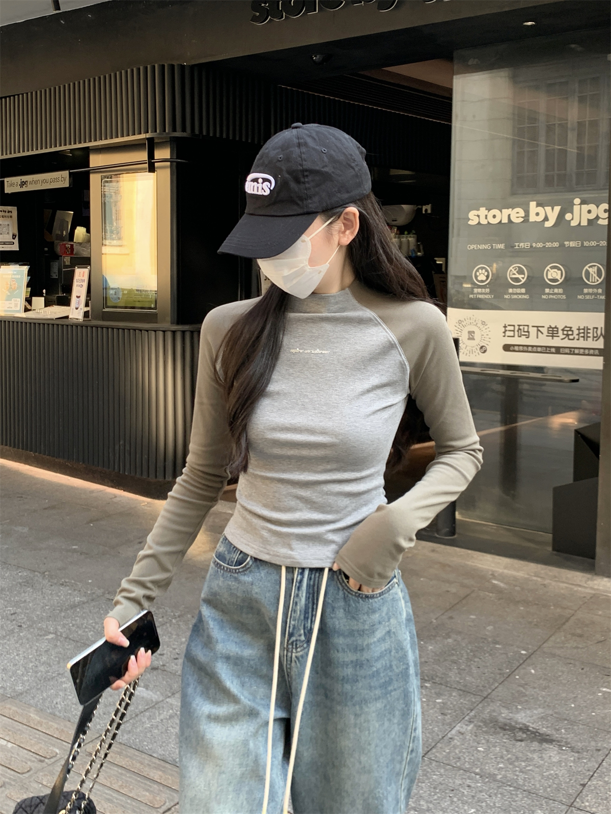 Real shot 2024 early spring slim fit contrasting raglan design slim and versatile pure cotton long-sleeved T-shirt women's top