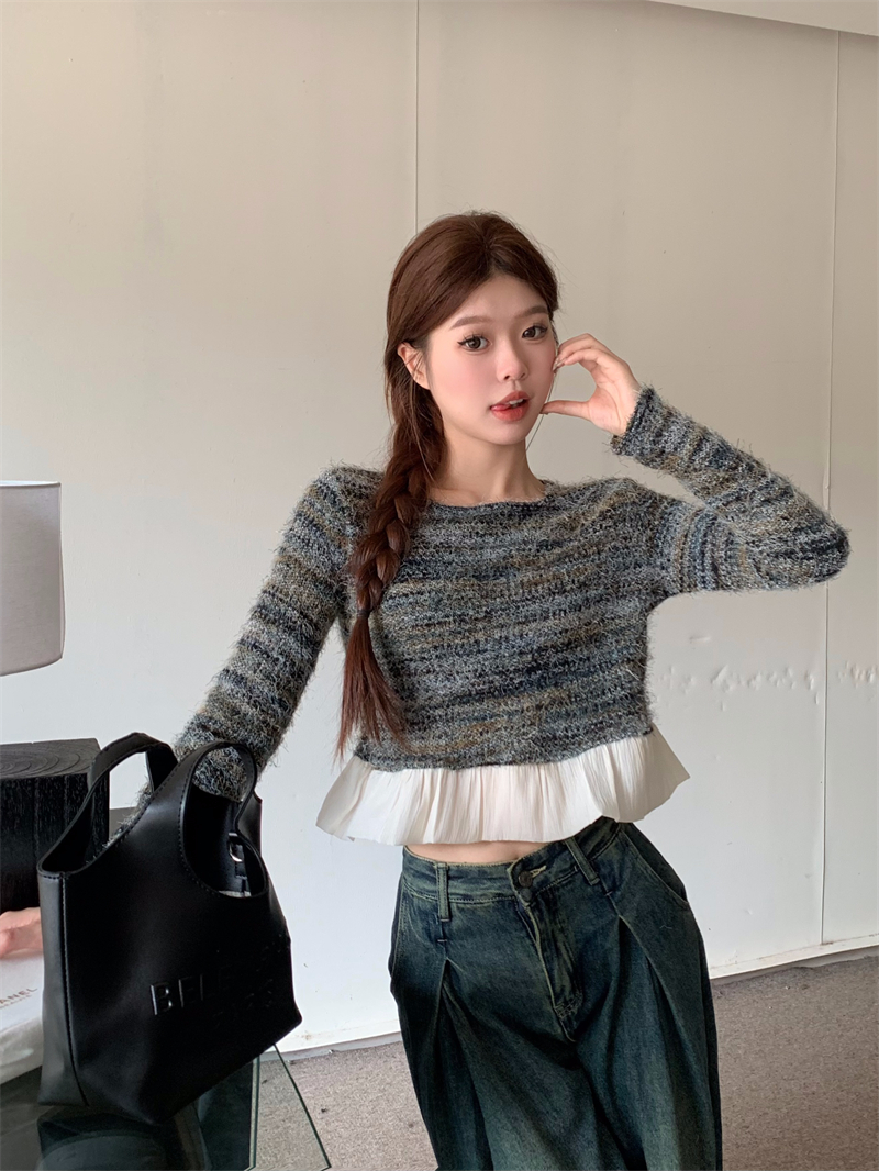 Real shot of autumn and winter colorful contrasting striped design splicing ruffled long-sleeved sweater knitted short top