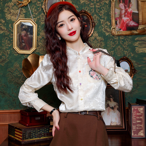 Real shot of new Chinese style light national style tops heavy industrial shirts white stand-up collar colorful button shirts spring clothes for women 2024 new styles for women