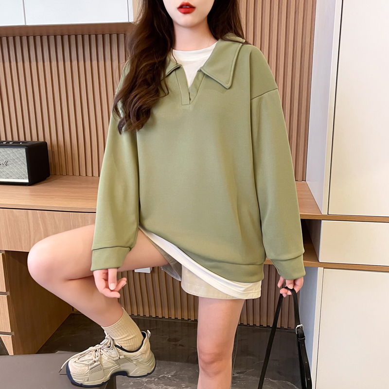 實拍純棉 polo領假兩件衛衣女新款春秋季洋氣寬鬆設計感上衣潮