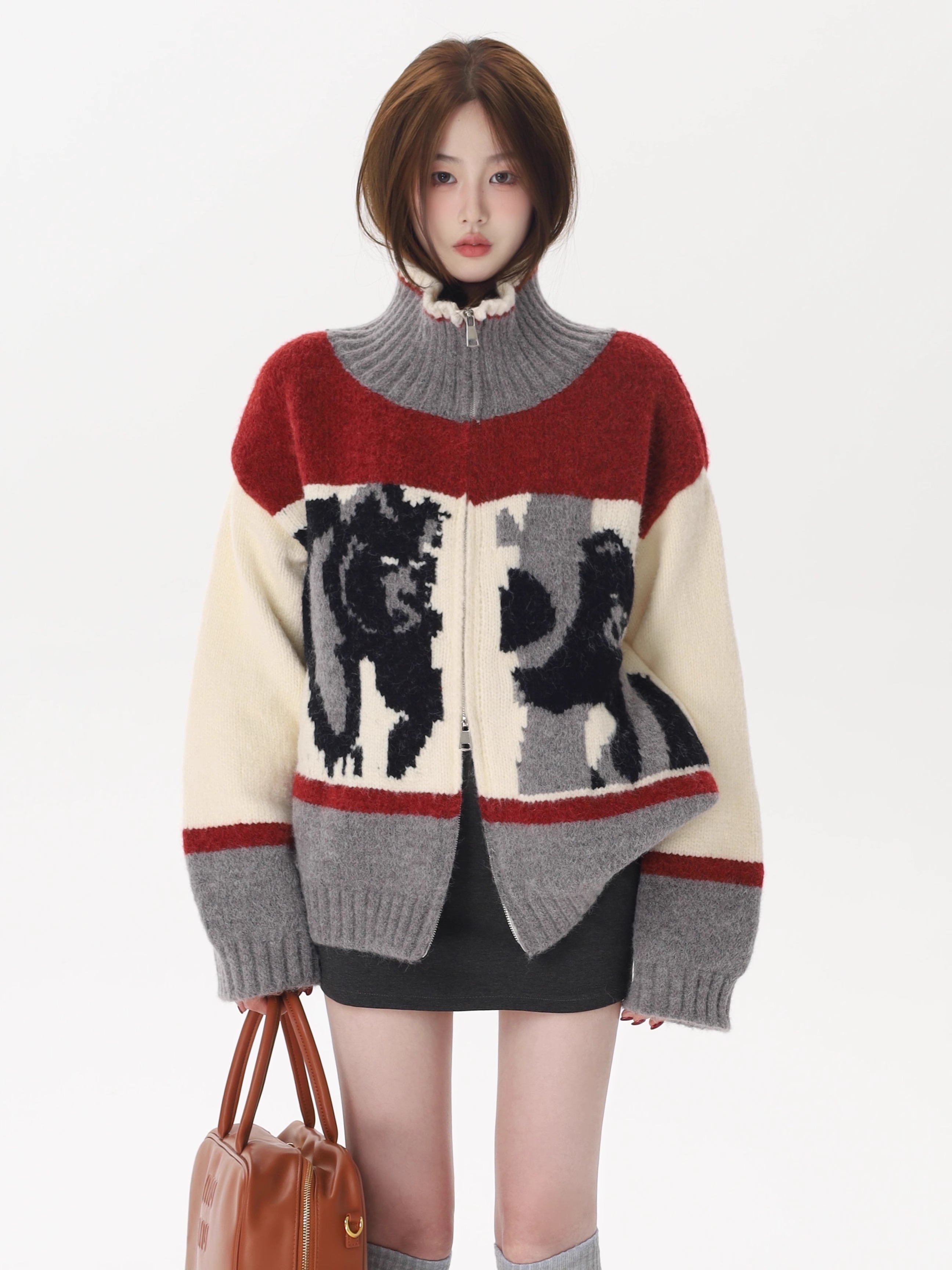 RTYHY 紅色高領新年毛衣外套女秋冬2024本命年厚實撞色雙拉鏈上衣