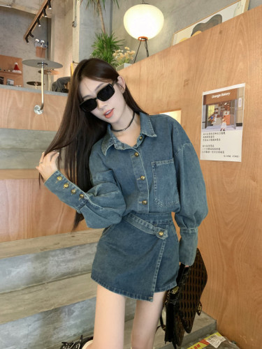 Real shot fashion suit for women, retro denim long-sleeved jacket, early autumn design skirt and short skirt two-piece set
