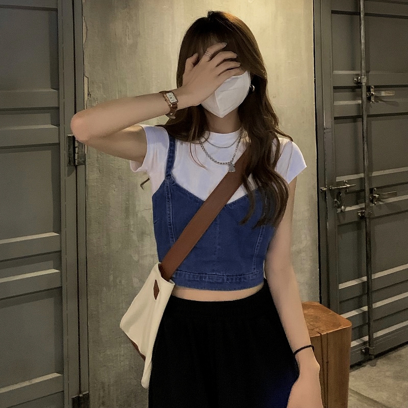 2024春夏韓版辣妹設計感綁帶短款上衣修身疊穿牛仔小吊帶背心女