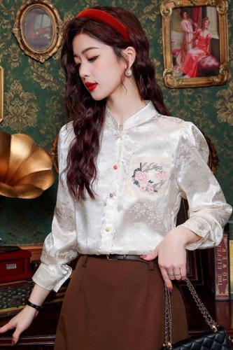 Real shot of new Chinese style light national style tops heavy industrial shirts white stand-up collar colorful button shirts spring clothes for women 2024 new styles for women