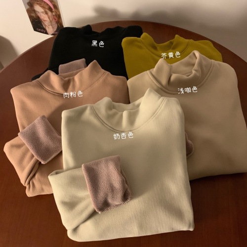 Real shot of autumn and winter imitation sherpa plus velvet thickened top half turtleneck long-sleeved bottoming shirt with T-shirt underneath for women