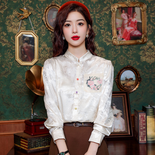 Real shot of new Chinese style light national style tops heavy industrial shirts white stand-up collar colorful button shirts spring clothes for women 2024 new styles for women