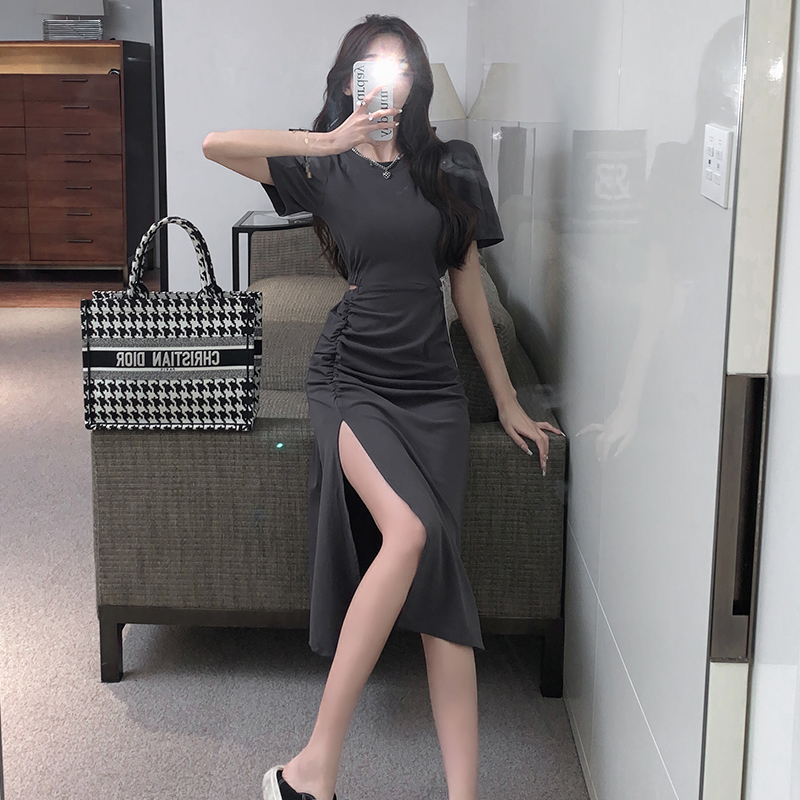2024夏季新款歐貨不規則褶皺連衣裙女法式休閒短袖顯瘦開叉長裙潮