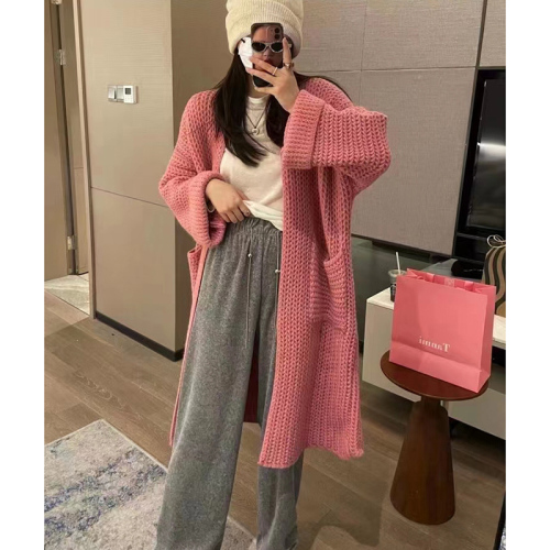 Mid-length solid color knitted cardigan, lazy style, soft and waxy sweater, women's coat, Korean style slimming women's thick spring and autumn new style