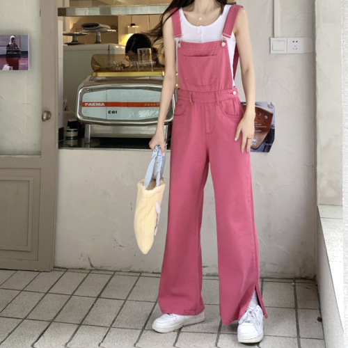 Actual shot of 2024 spring new red denim overalls for female students, slim denim overalls trousers