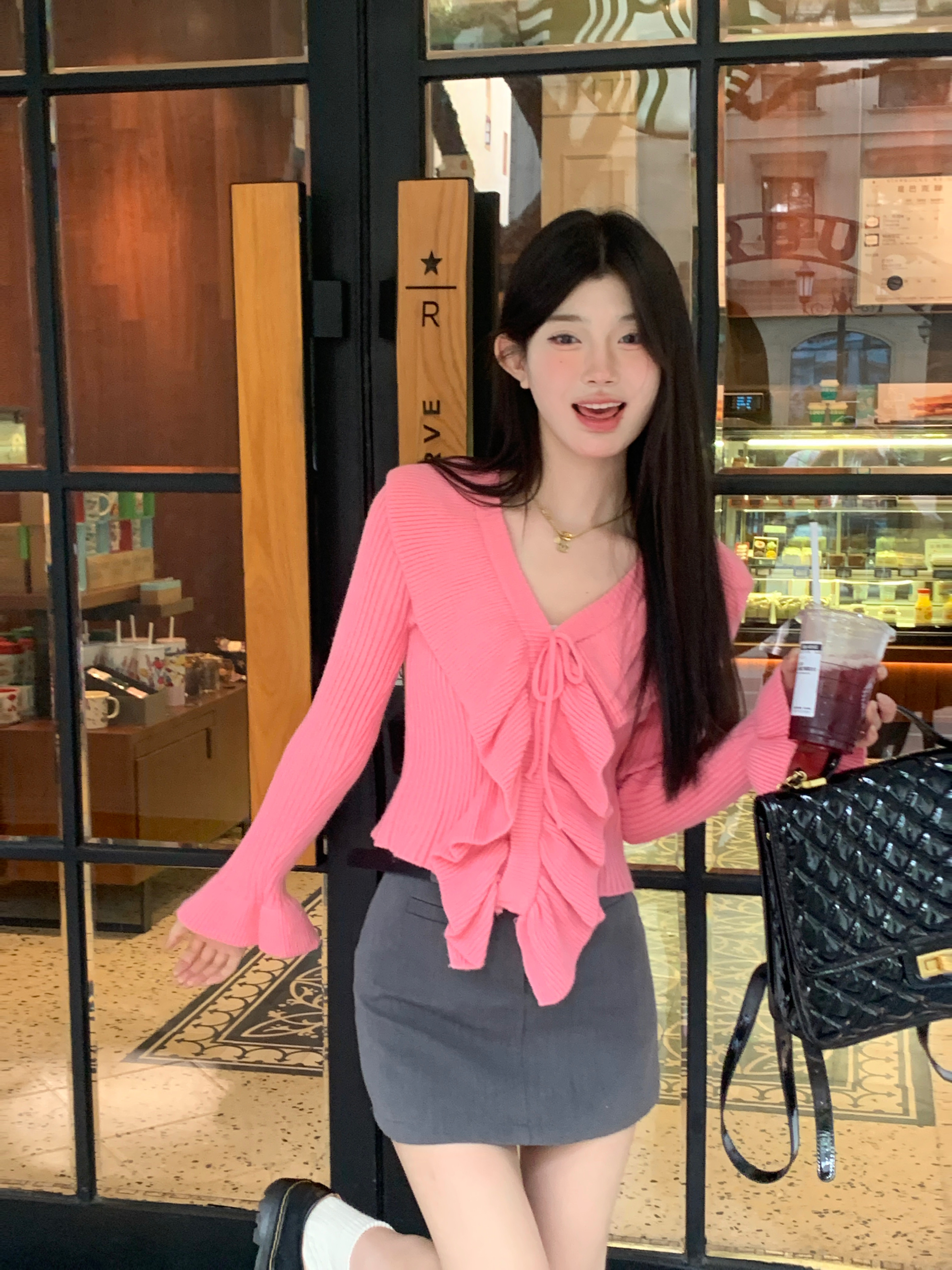 Real shot of gentle breeze huhu trumpet sleeve pink lace-up sweater for women autumn versatile short slim fit top