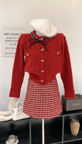 Actual shot ~ Chic and beautiful New Year red sweater knitted cardigan top with unique design