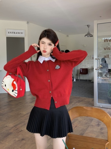 Real shot of college style fake two-piece cardigan sweater knitted jacket top women's autumn short skirt skirt two-piece set