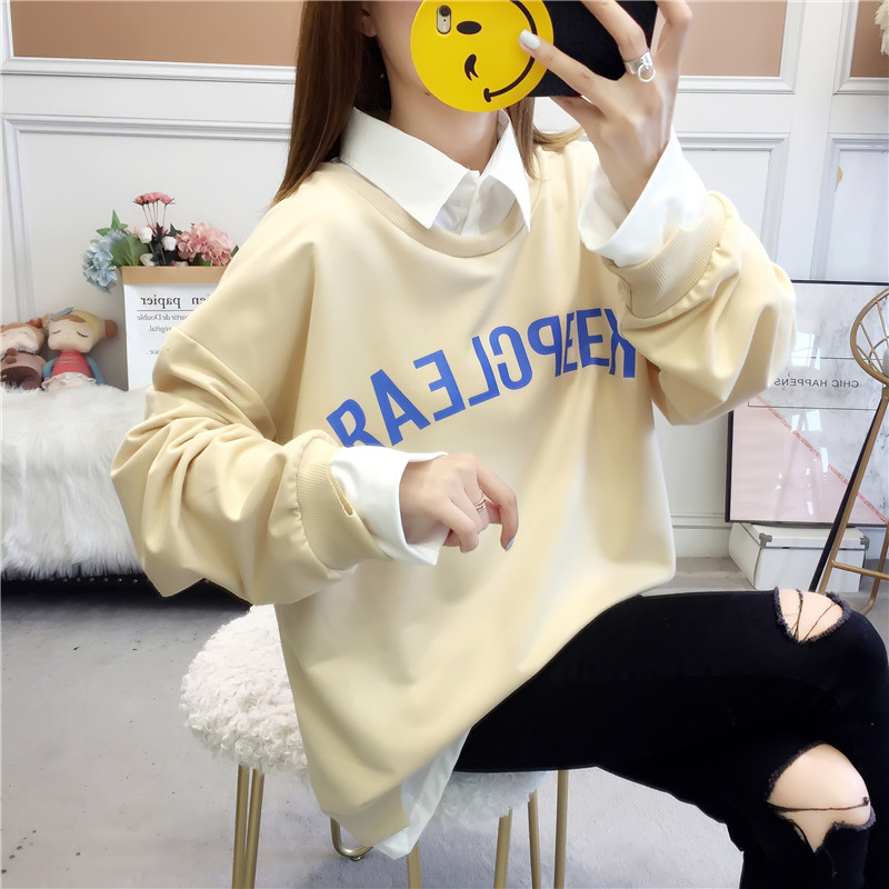 首發實拍6535魚鱗 假兩件襯衫領長袖衛衣女薄款學生破洞拼接