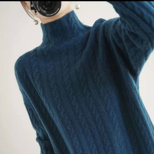 New Half Turtle Collar Cashmere Sweater Women's Pullover Thick Sweater Loose Lazy Contrast Color Knitted Wool Sweater