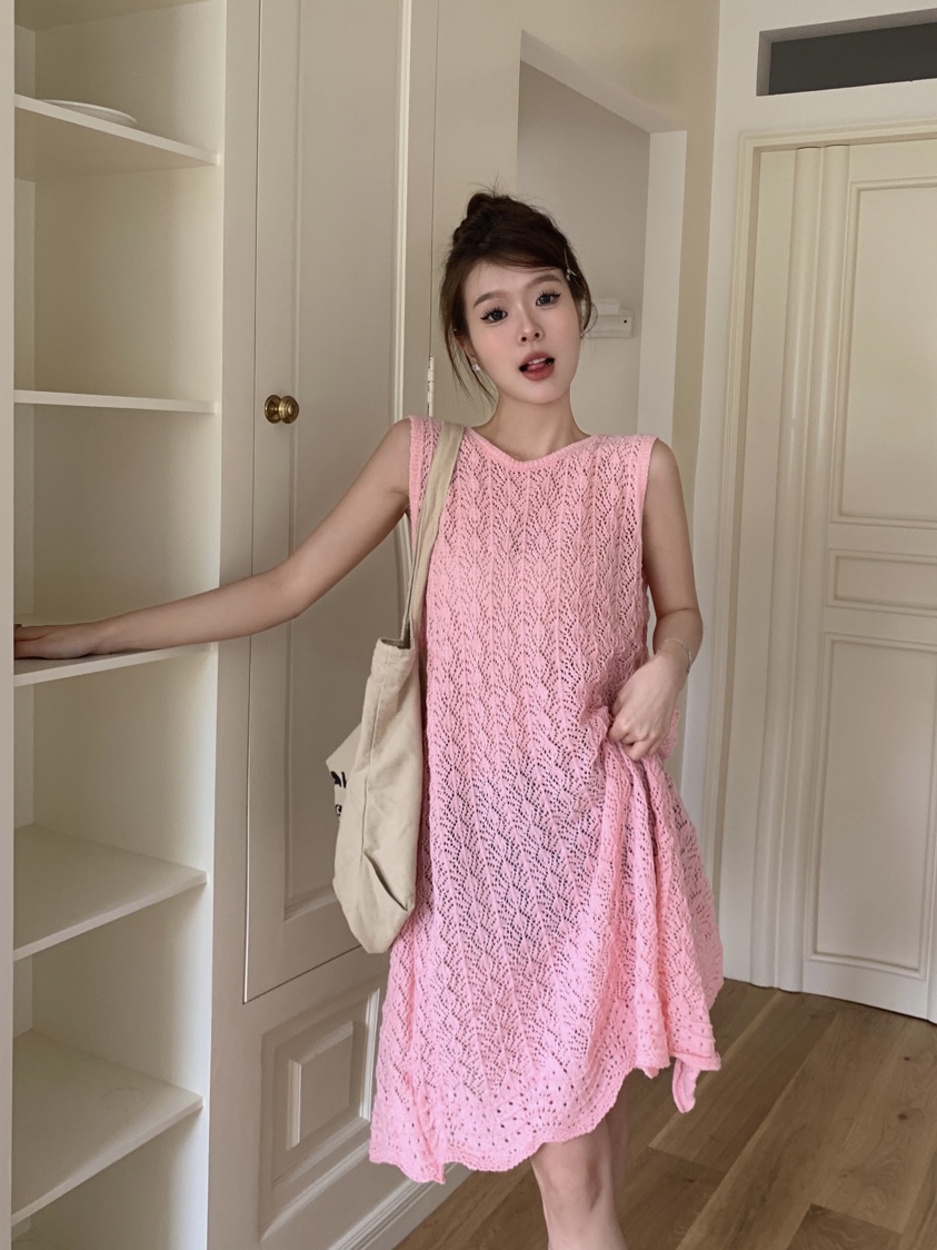 Actual shot of the new Korean style knitted vest dress with hollow slits and layered vest