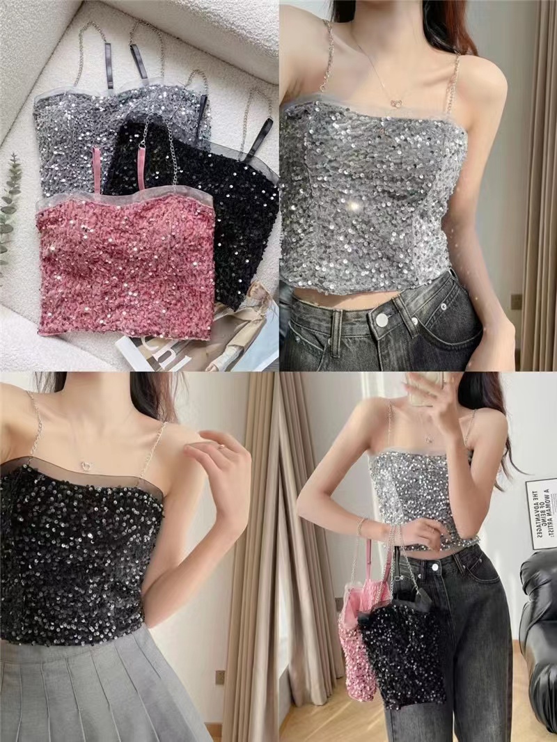 Pure lust sexy sparkling sequined small camisole with 2024 spring new French sweet and spicy short slimming top