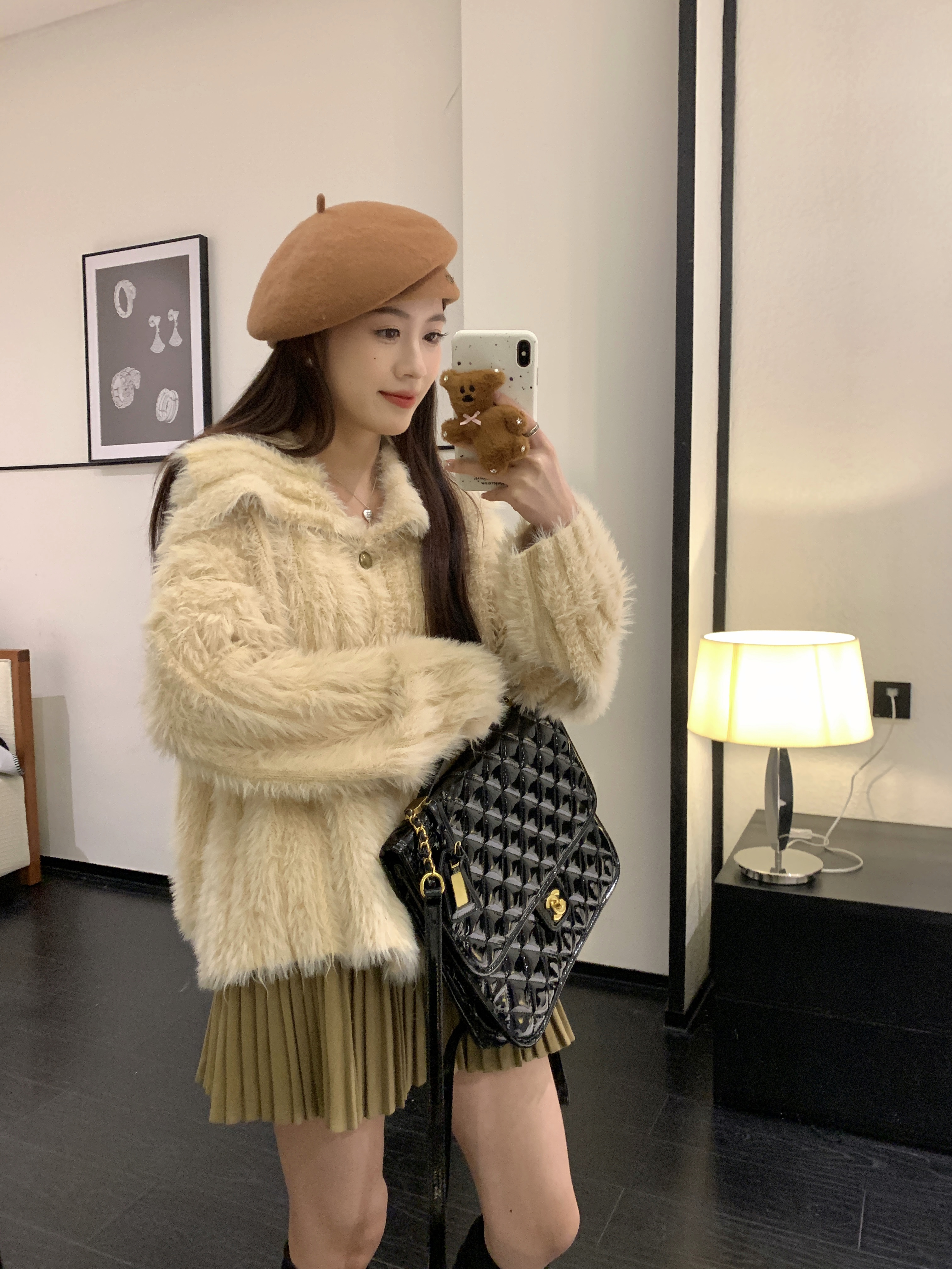 Real shot of solid color soft and waxy warm lapel sweater jacket for women winter new loose casual furry top