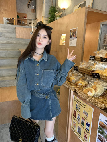 Real shot fashion suit for women, retro denim long-sleeved jacket, early autumn design skirt and short skirt two-piece set