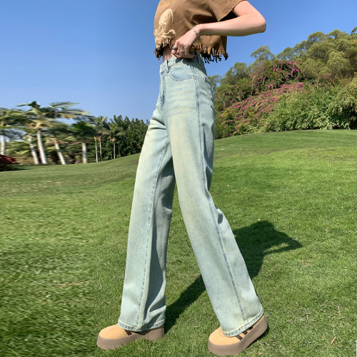 Real shot of light blue straight-leg jeans 2024 spring high-waisted loose-fitting slim wide-leg pants for small people