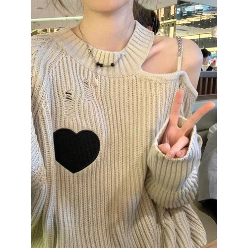 New autumn and winter women's love hollow sweater women's loose lazy style sweet and spicy off-shoulder mid-length knitted top ins