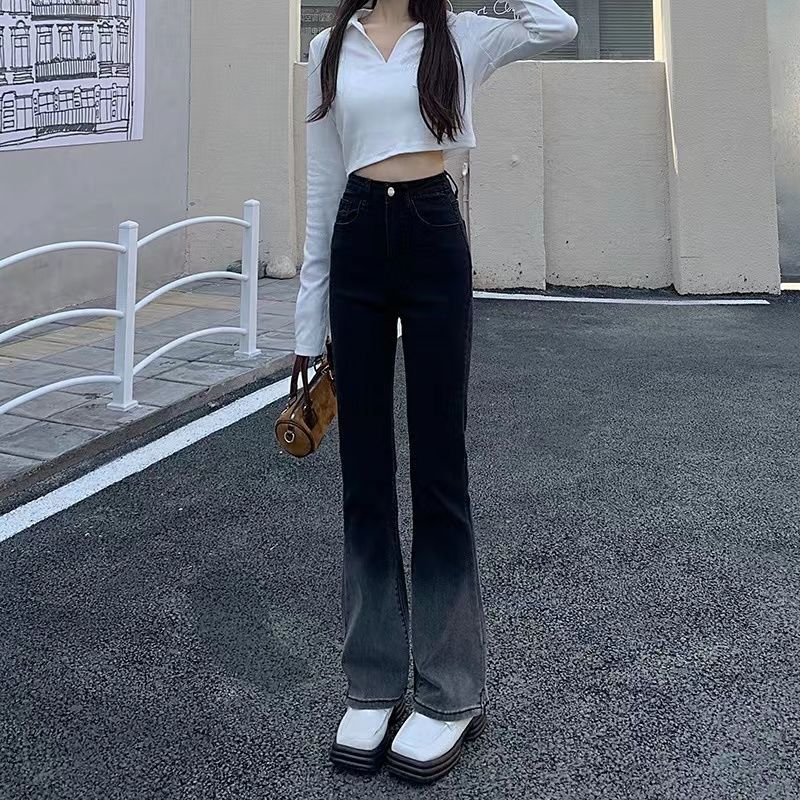 2024春夏韓版撞色微喇牛仔褲女修身彈力漸變高腰拖地馬蹄長褲
