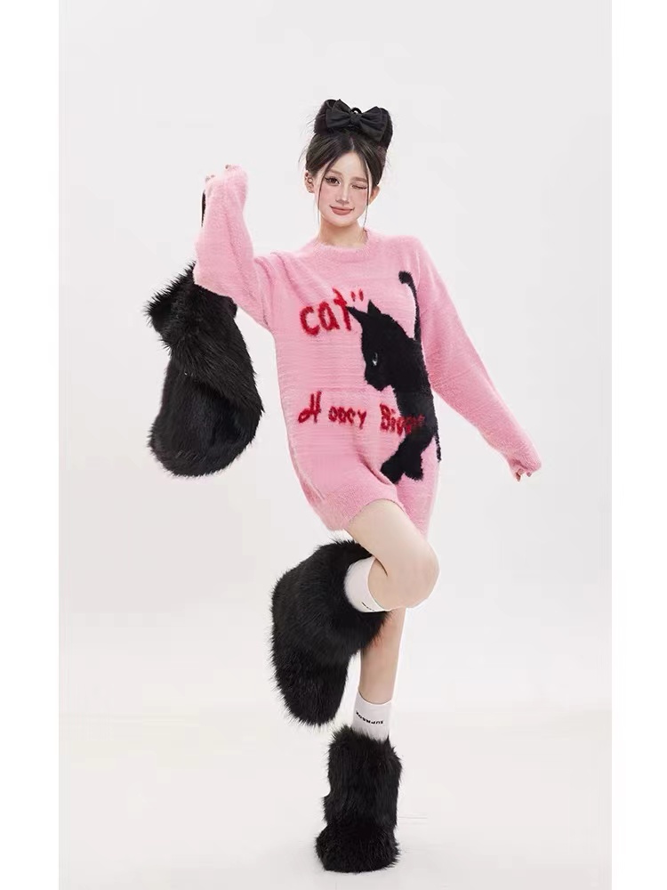 Billions of Boys BUFU national fashion brand lazy style cat sweater for men and women autumn and winter sweet cool Y2K hot girl style sweater