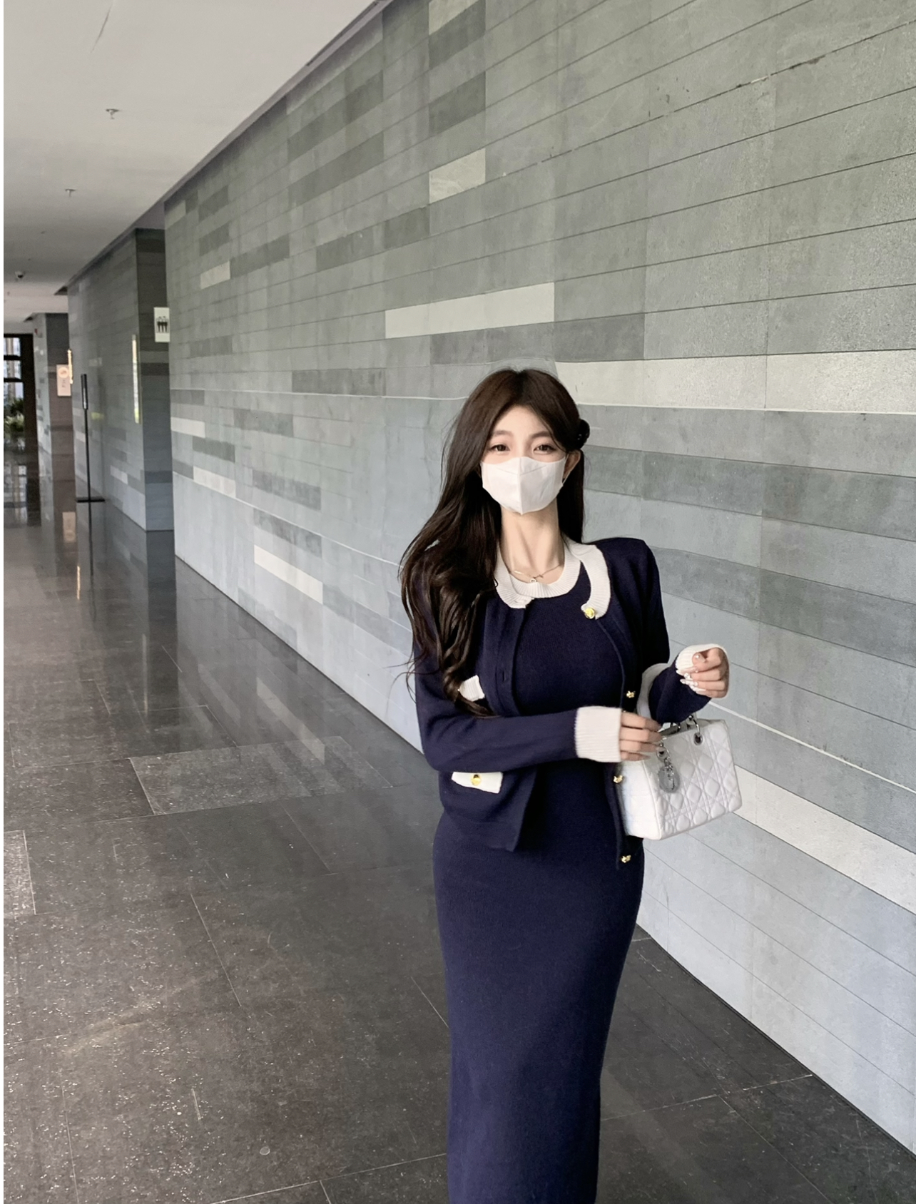 Real shot of miu series expensive wool knitted cardigan slim dress suit for women