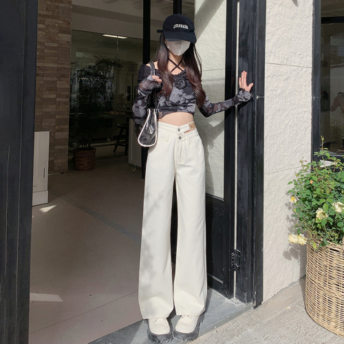 Real shot of spring double button hollow waist and scalp brand floor mop pants, beige apricot denim straight leg loose pants