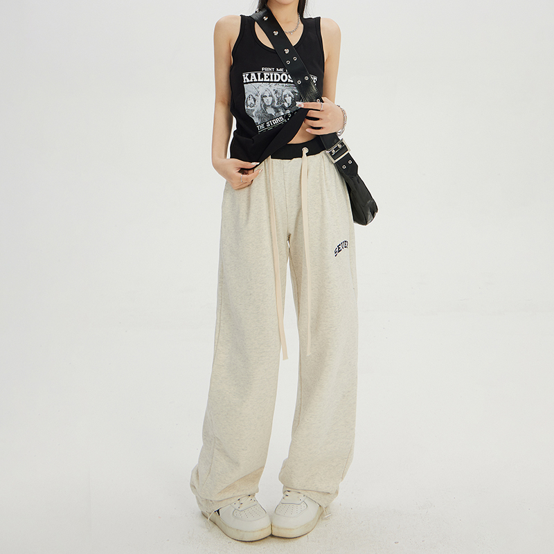 Actual shot of 2024 early spring retro high-waisted loose wide-leg pants drawstring ankle-length sports pants casual pants for women