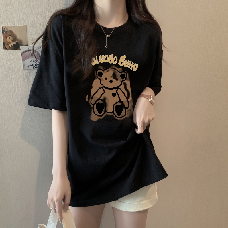 Real shot 100% cotton combed cotton printed summer short-sleeved T-shirt women's loose Korean style