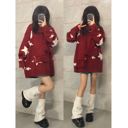 American retro red New Year's and Christmas sweater for women in winter, lazy style, loose, soft and waxy sweater, zodiac year clothes