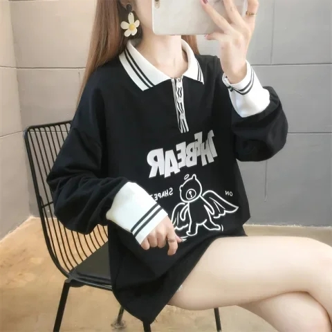 首發實拍6535魚鱗春季新款POLO領衛衣女薄款長袖上衣大碼女裝