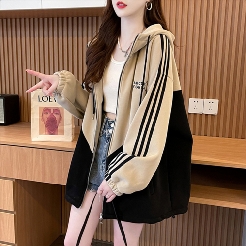 The first imitation Chinese cotton compound milk silk with inner drawstring 2024 spring thin sweatshirt hooded jacket for women