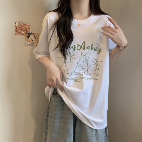 Real shot 100% cotton 200g combed cotton summer short-sleeved T-shirt women's loose Korean style
